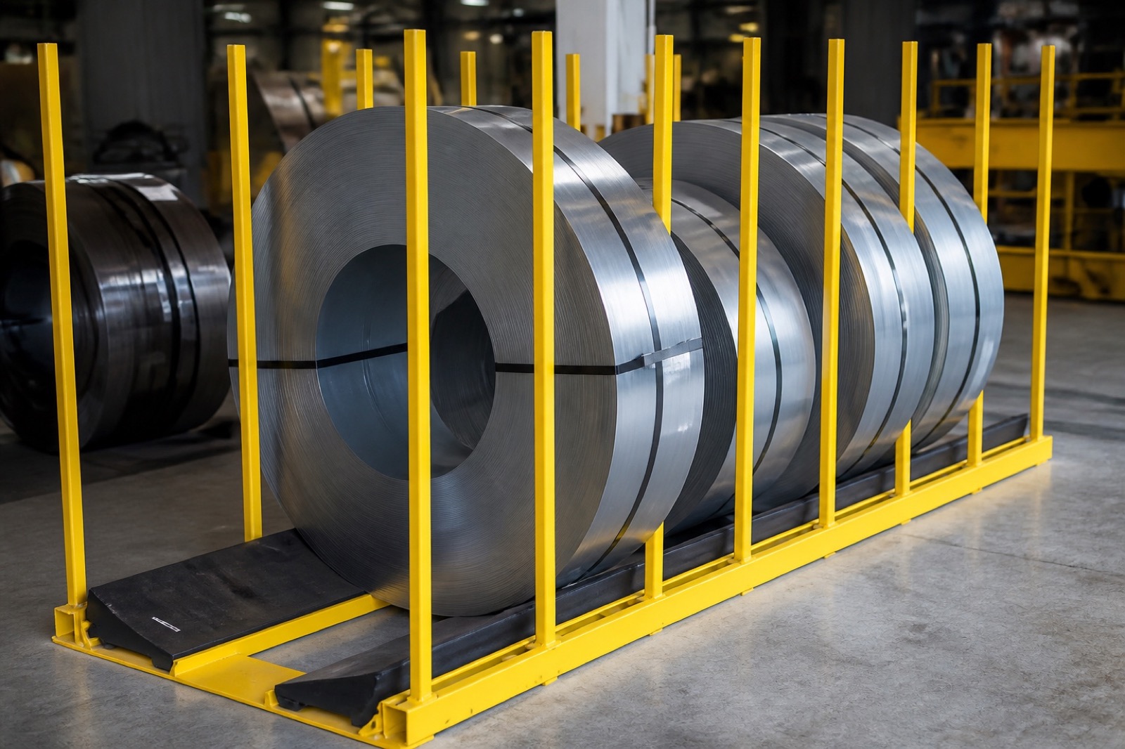 Raw materials processed — steel coils in warehouse